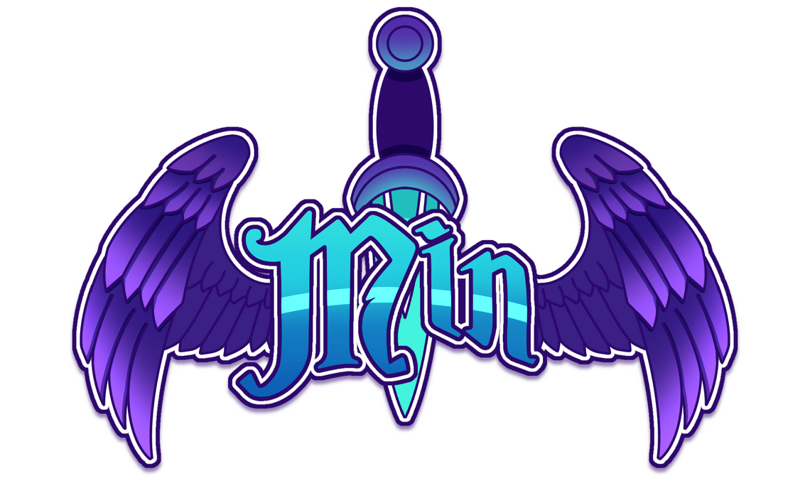 a logo with purple wings on either side of teal letters spelling "MIN", with a teal and purple dagger in the middle behind the text.